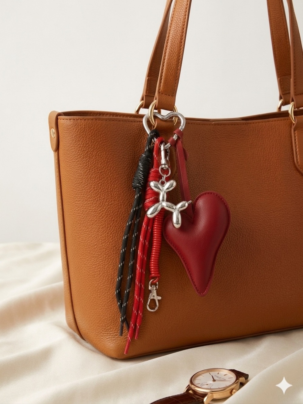 Luxe Red Leather Heart Bag Charm Balloon Dog Keychain Paracord Cord Keyring